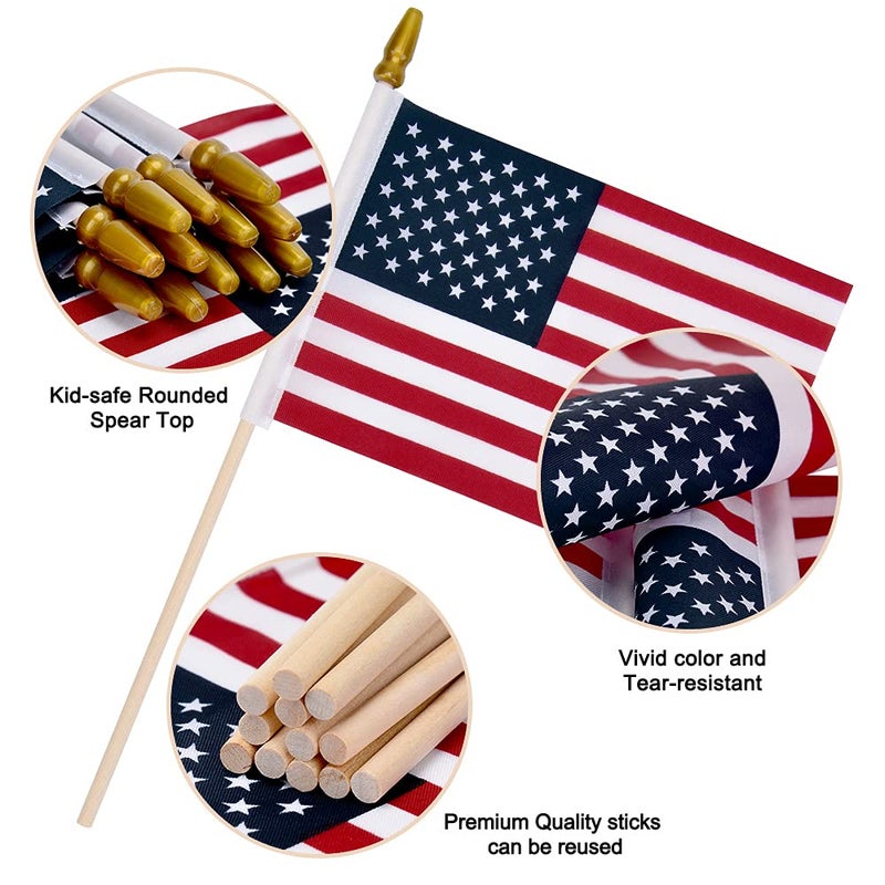 Uelfbaby 12 Pack Small American Flags on Stick Small US Flags/Mini American Flags for Outside 4x6 Inch American Hand Held Stick Flags with Kid-Safe Spear Top, Patriotic Veterans Day Decorations, 4th of July Decorations - Image 2